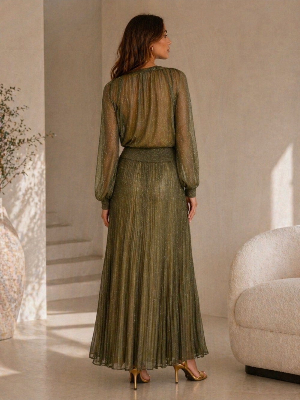 Missoni Olive Green Metallic Pleated Maxi Dress With Lurex Designer MSRP $4130 - Picture 7 of 16